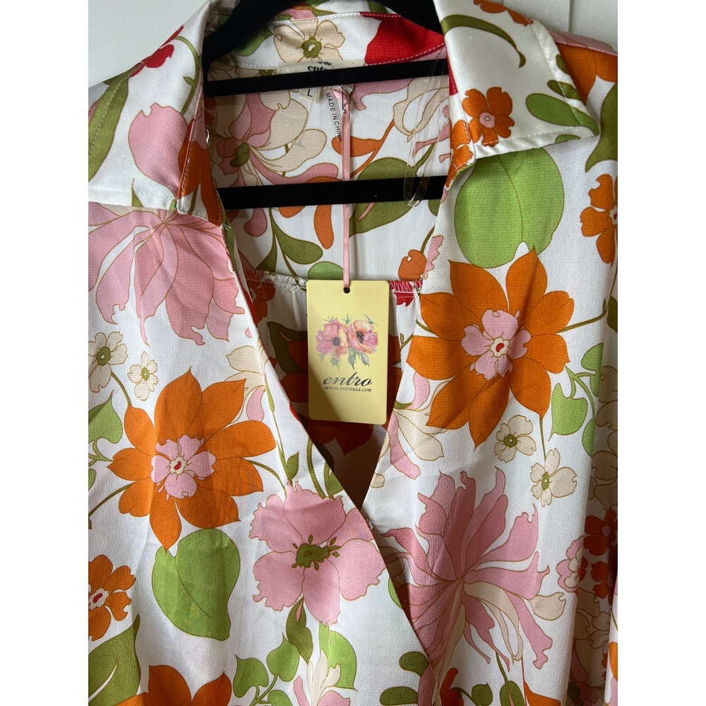 Entro Floral Surplice Wrap Bodysuit Retro 70s Style Long Sleeve Orange Pink L